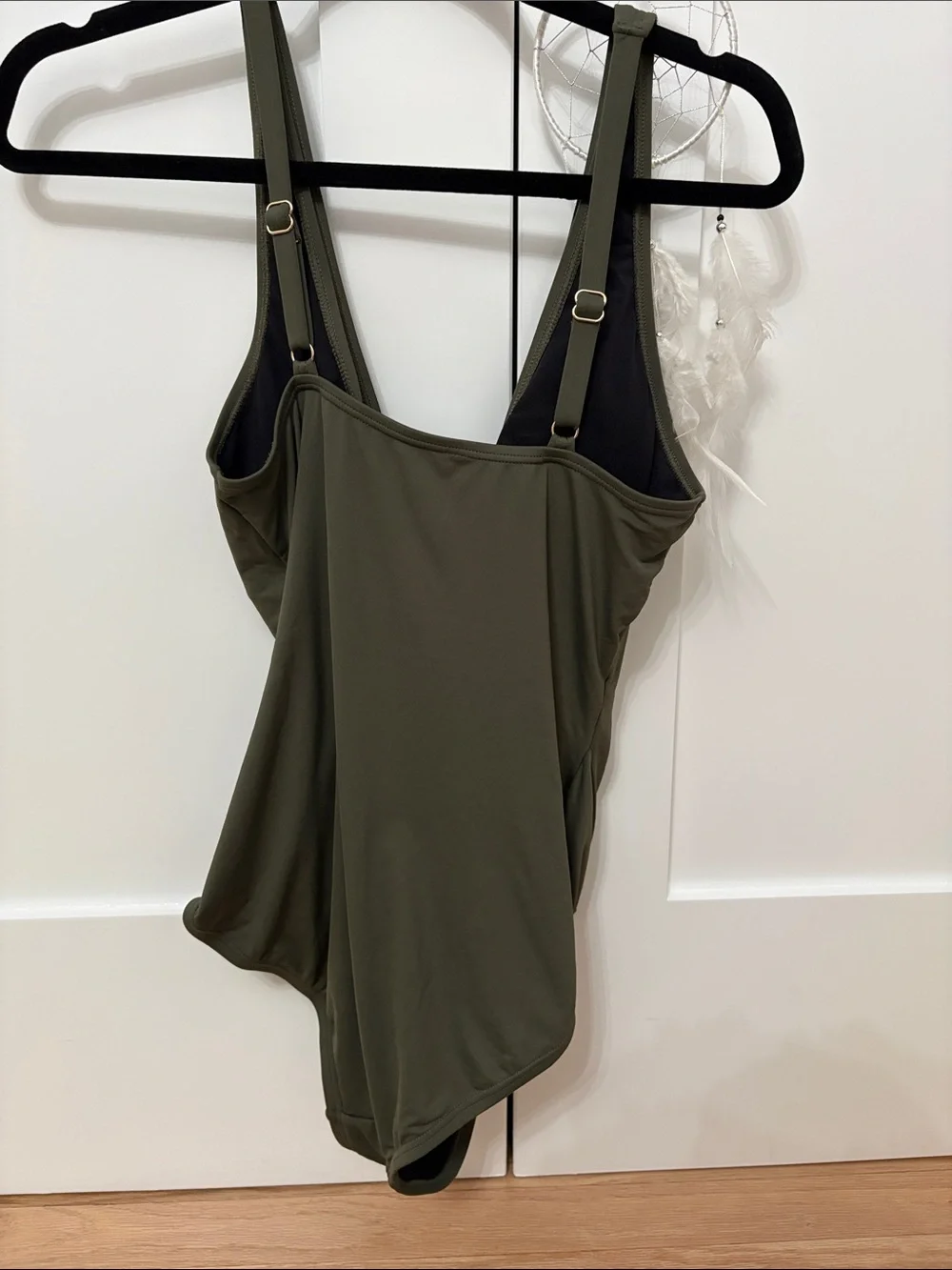 Michael Kors Olive Green Draped One-Piece Swimsuit with Gold Ring